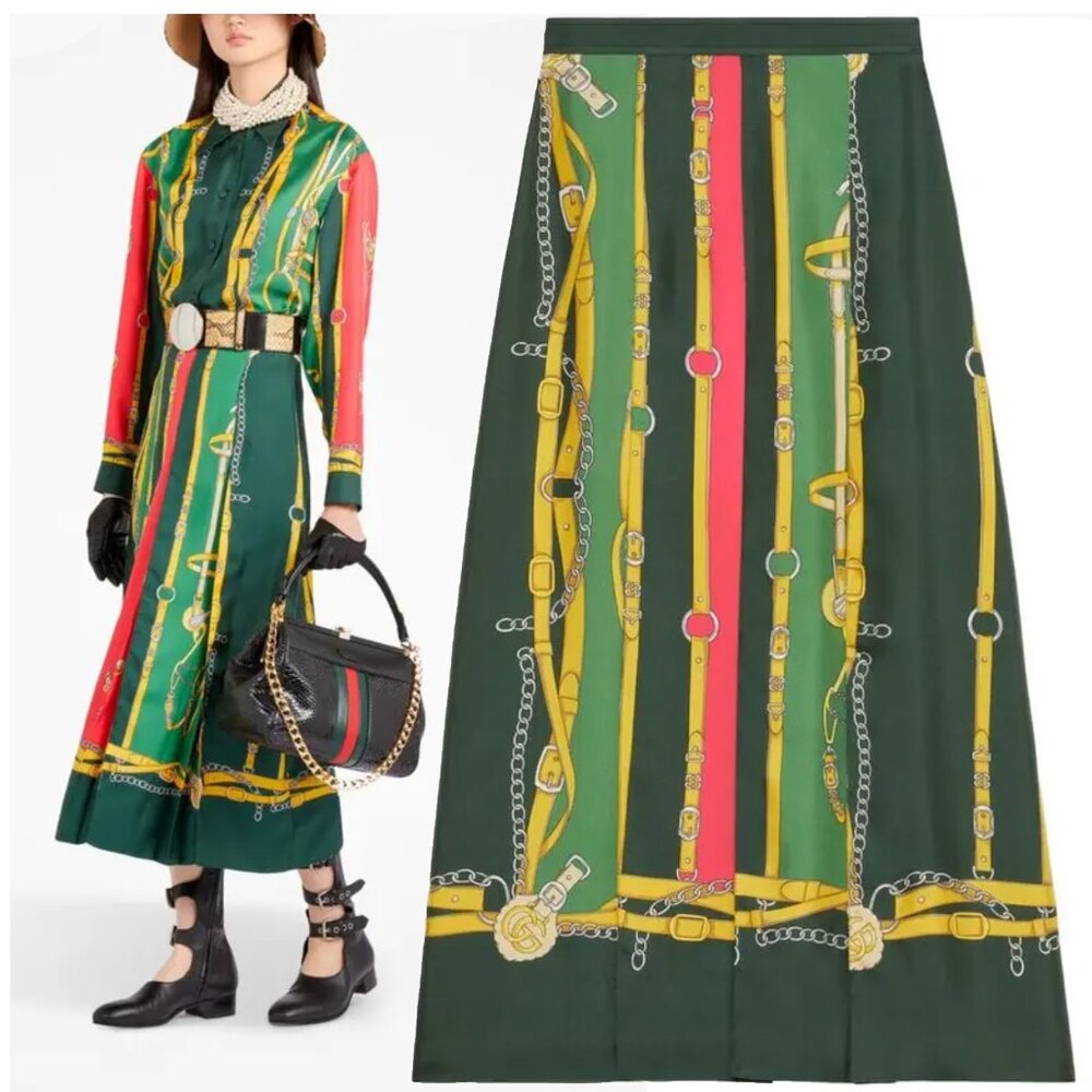 GUCCI SKIRT SILK EQUESTRIAN HARNESS DOUBLE G LOGO PLEATED